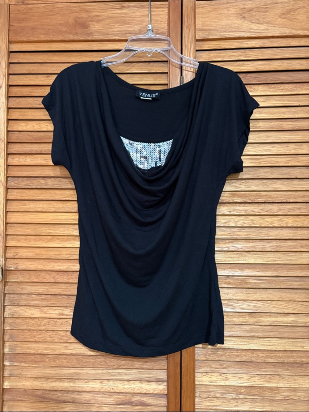 VENUS Black Short Sleeve Cowl Neck Tee with Sequin Inset